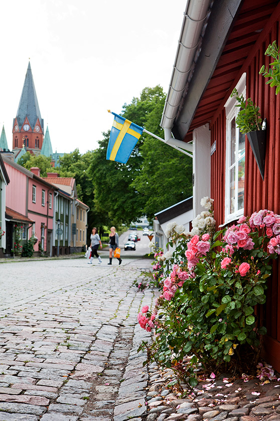 Gatuvy med röd stuga, gatsten och kyrka