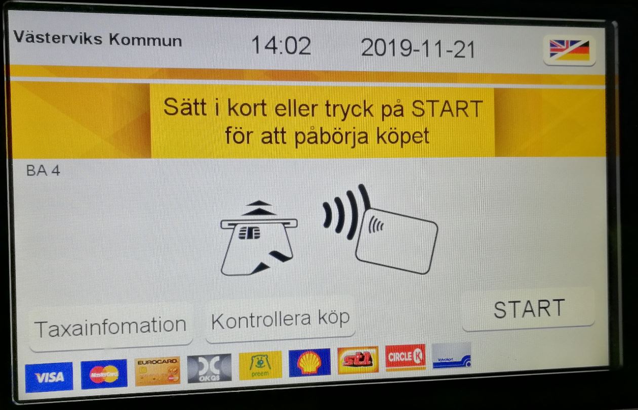 Startsida vid parkeringsköp i betalningsautomat